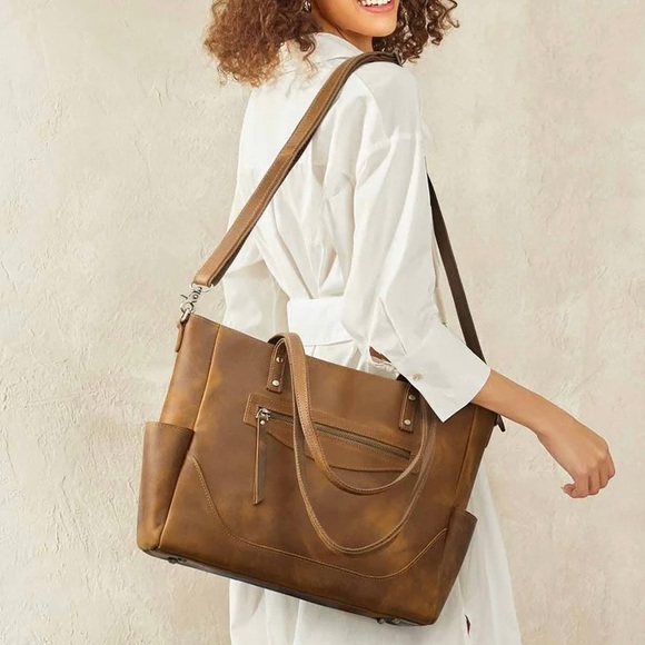 S-Zone Distressed Genuine Leather Tote Bag Cowhide Leather Laptop Travel Bag - Picture 1 of 16